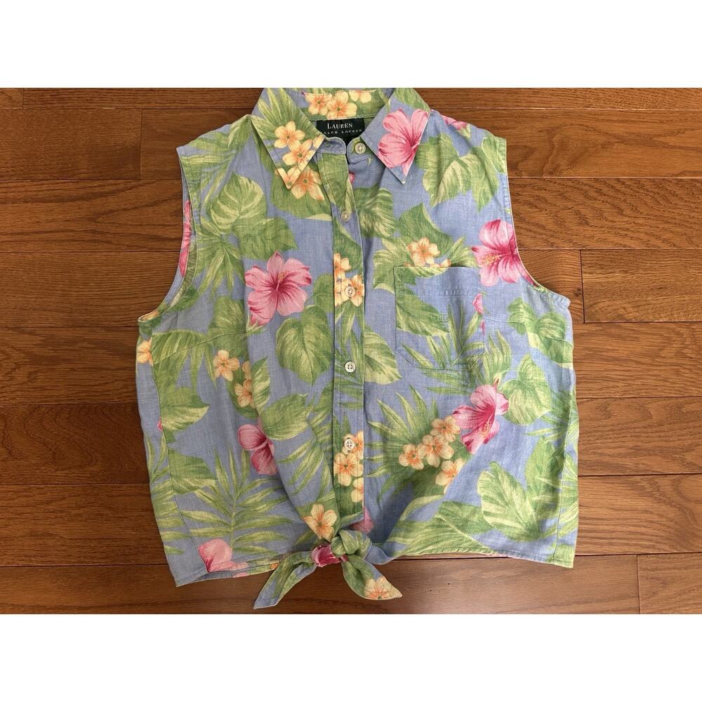 Lauren Ralph Lauren Floral Print Tie Front Linen Shirt Womens Size 10